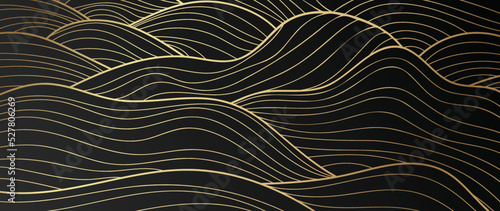 Elegant abstract line art on dark background. Luxury hand drawn with gold wavy line and abstract shapes. Shining wave line design for wallpaper, banner, prints, covers, wall art, home decor.