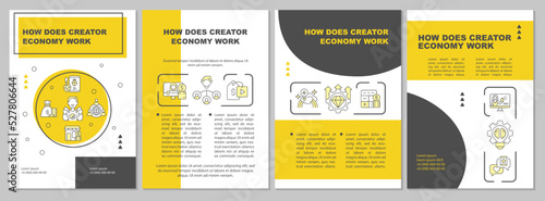 How does creator economy work yellow brochure template. Leaflet design with linear icons. Editable 4 vector layouts for presentation, annual reports. Arial-Black, Myriad Pro-Regular fonts used