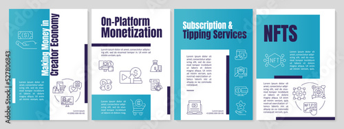 Making money in creator economy blue brochure template. Leaflet design with linear icons. Editable 4 vector layouts for presentation, annual reports. Anton, Lato-Regular fonts used