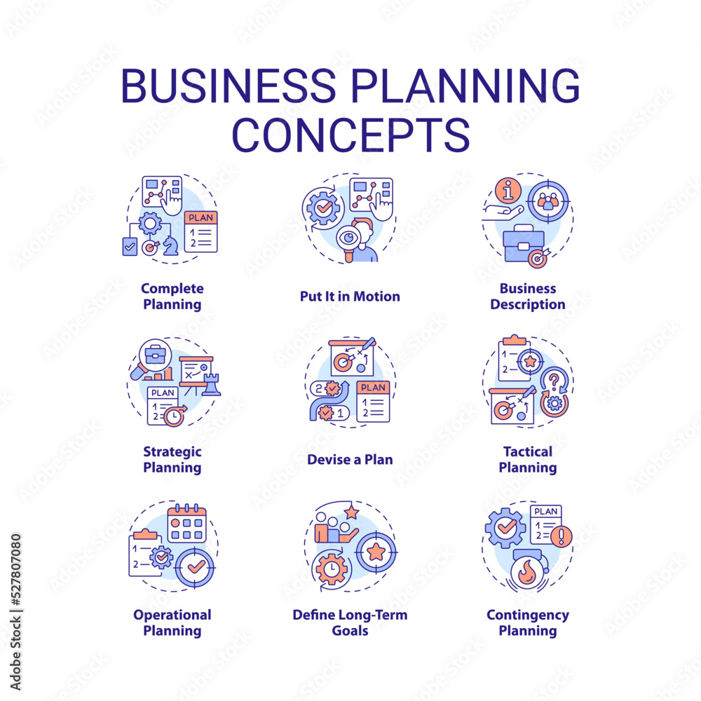 Business planning concept icons set. Building development strategy. Management idea thin line color illustrations. Isolated symbols. Editable stroke. Roboto-Medium, Myriad Pro-Bold fonts used Business planning concept icons set. Building development strategy. Management idea thin line color illustrations. Isolated symbols. Editable stroke. Roboto-Medium, Myriad Pro-Bold fonts used