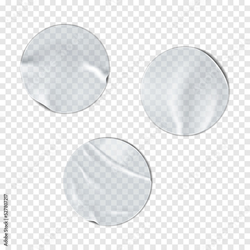 Round blank clear crumpled plastic sticker on transparent background realistic vector mock-up. Wrinkled adhesive circle label mockup set