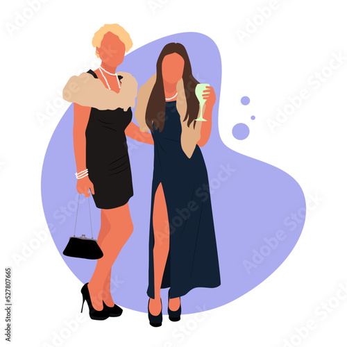 Two girls in evening dresses. An evening out. Vector illustration. Poster, flyer, banner, postcard.
