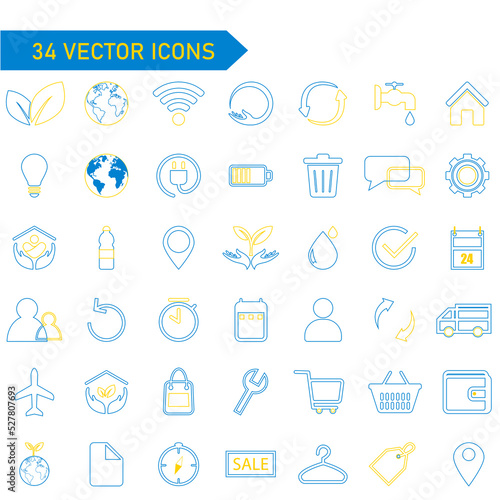Flat line icons. Vector illustration of icons for business, banking, contacts, eco, marketing. Set of linear symbols.
