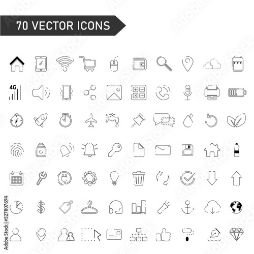 Flat line icons. Vector illustration of icons for business, banking, contacts, eco, marketing. Set of linear symbols.