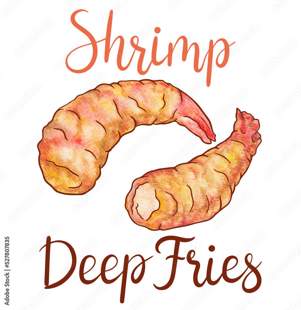 Crispy lightly battered shrimp tempura. Watercolor illustration of Deep
