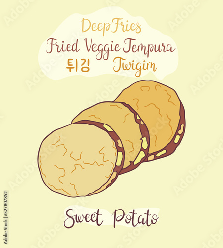 Sweet potato Twigim Korean Deep Fries. Crispy fried vegetable tempura. Vector illustration of Fried Veggie Tempura with hand lettering. Popular Korean street food. Traditional asian snack