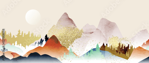 Fototapeta Naklejka Na Ścianę i Meble -  Luxury mountain background vector. Oriental watercolor landscape design with mountains, hills, sunset, pine forest, gold texture. Elegant panorama view wallpaper for wall art, banner, decoration.