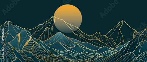 Luxury mountain golden line art background vector. Oriental watercolor landscape design with mountains, hills, sunset, gold line art. Elegant panorama view wallpaper for wall art, banner, decoration.