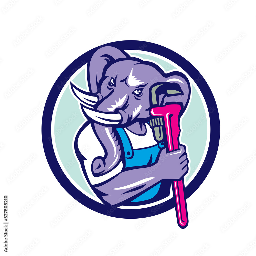 Elephant Plumber Mascot Monkey Wrench Circle Retro Elephant Plumber Mascot Monkey Wrench Circle Retro