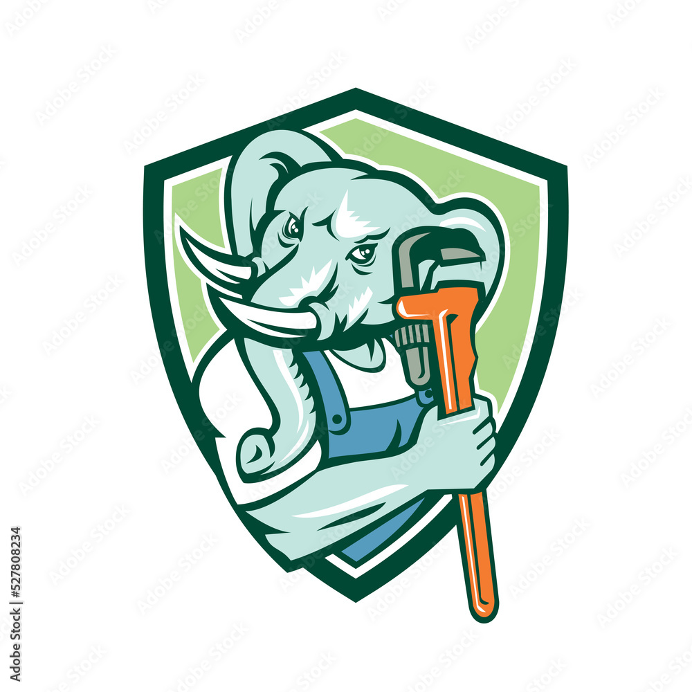 Elephant Plumber Mascot Monkey Wrench Shield Retro