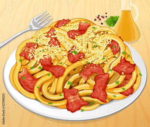 Italian bacon carbonara pasta with cheese on wooden table.
Italian creamy carbonara pasta food recipes. 
Bacon ham carbonara spaghetti noodles menu close up illustration vector.