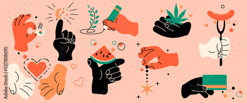 A set of hand gestures. Colored hands holding pencil, heart, crescent, star, cup, credit card