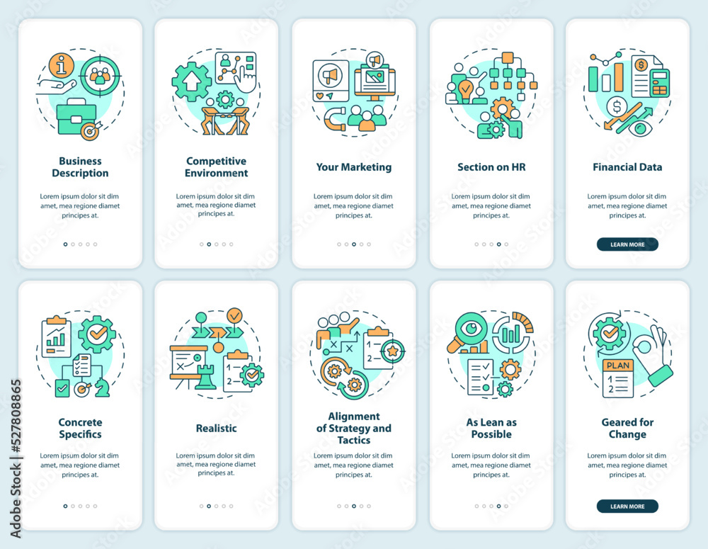 Business planning success onboarding mobile app screen set. Walkthrough 5 steps editable graphic instructions with linear concepts. UI, UX, GUI template. Myriad Pro-Bold, Regular fonts used