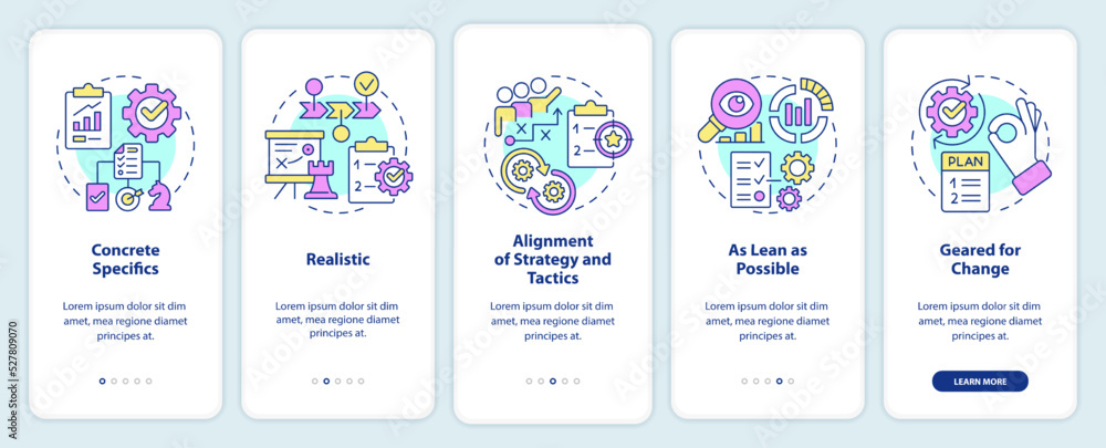 Key elements of business plan onboarding mobile app screen. Strategy walkthrough 5 steps editable graphic instructions with linear concepts. UI, UX, GUI template. Myriad Pro-Bold, Regular fonts used