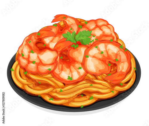 Italian pasta noodles with shrimp (prawn). Italian noodles food recipes. Seafood pasta spaghetti noodles menu close up illustration vector.