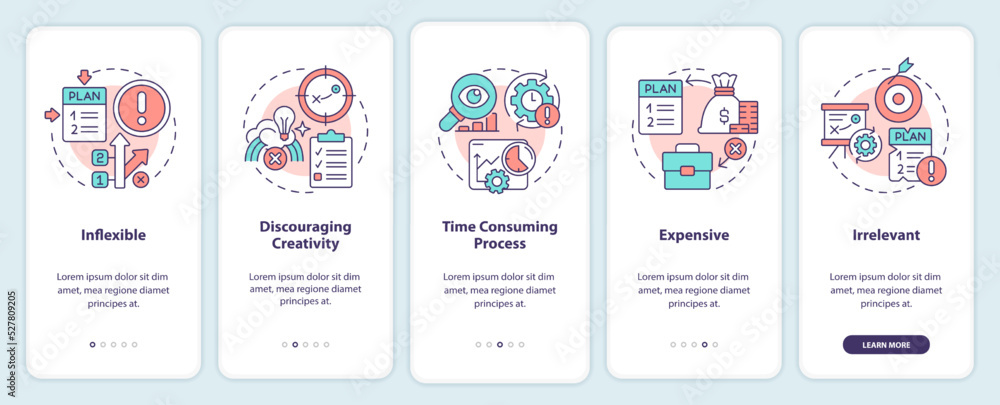Disadvantages of planning onboarding mobile app screen. Restrictions walkthrough 5 steps editable graphic instructions with linear concepts. UI, UX, GUI template. Myriad Pro-Bold, Regular fonts used