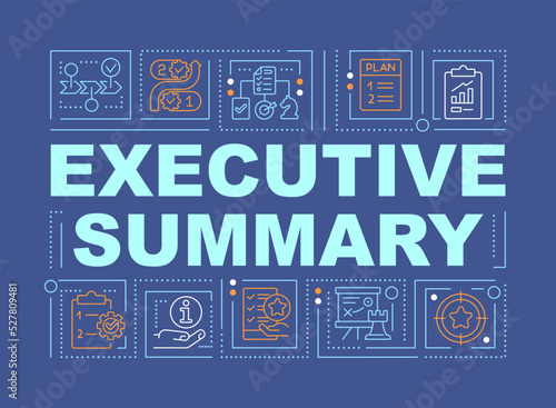 Executive summary word concepts dark blue banner. Short business plan. Infographics with editable icons on color background. Isolated typography. Vector illustration with text. Arial-Black font used