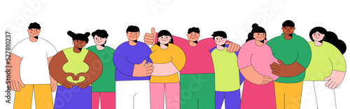 Group of abstract diverse colorful people posing together.