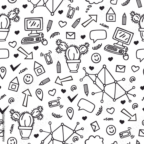 Hand drawn business or school doodles seamless pattern. Mobile, computer, speak clouds, pen, arrow, cactus, smile icon, heart, envelope icons. Vector illustration.