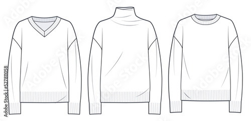 Sweaters Set, Jumpers technical fashion illustration. Sweaters fashion technical drawing template, overfit, roll neck, round neck, v neck, long sleeve, front and back view, white, unisex CAD mockup.
