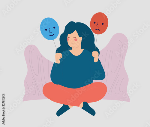 Woman suffers from Bipolar disorder holds two faces, happy and sad mask. Female teenage girl has schizophrenia disease and split personality.  Mental health illness concept. Vector illustration