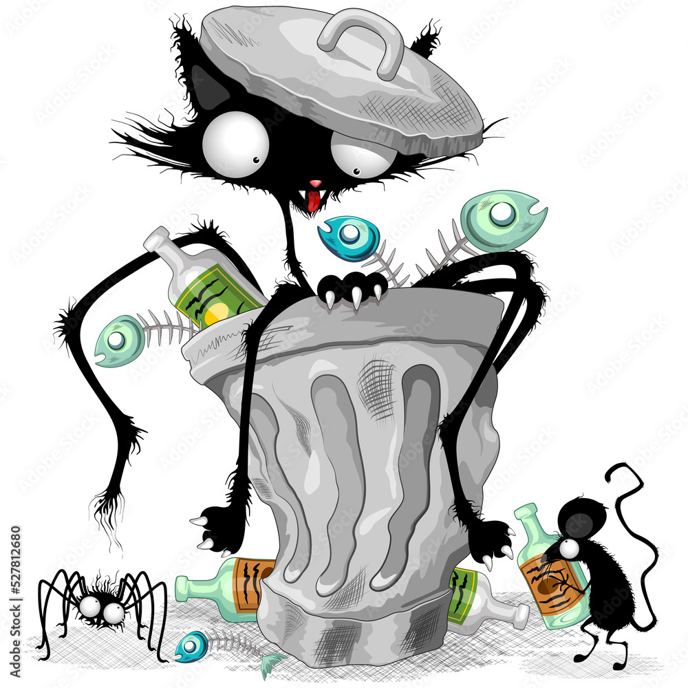 Cat on Trash Can Bin, with mouse and spider Funny Characters humorous