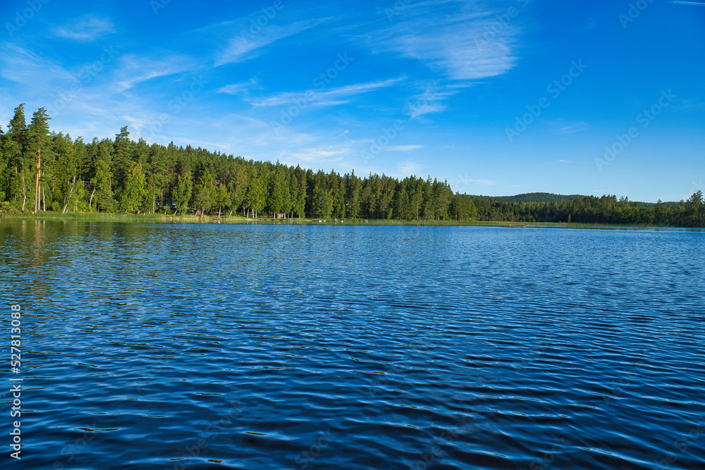 a lake in Sweden in Smalland. Blue water, sunny sky, green forests. Relaxation