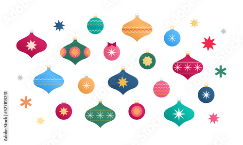 Christmas balls decor elements set isolated on white background. Winter holiday decorations, Christmas tree bows, Scandinavian minimal New Year decor collection. Flat vector illustration icon set.