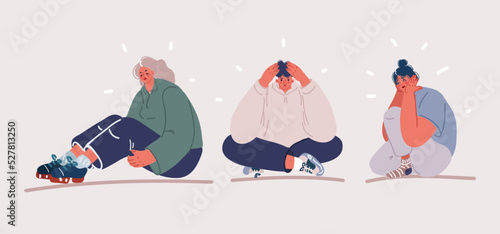 Vector illustration of Set of sad and upset people crying, weeping and sobbing from sorrow and grief. Unhappy person shedding tears. Man, woman in despair.