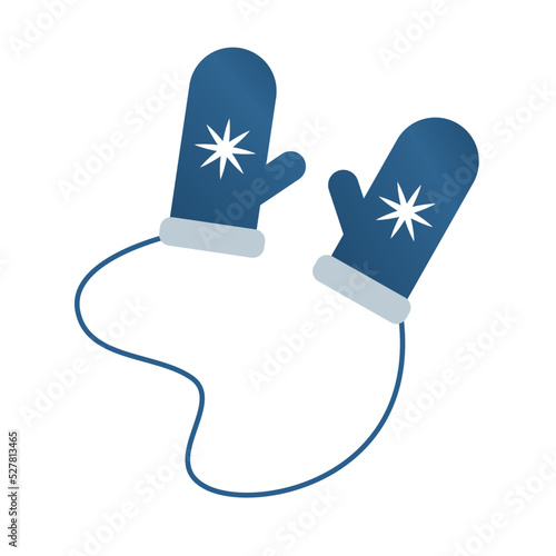 Blue winter mittens flat vector icon isolated on white background. Pair of blue knitted mittens with snowflake decor element. Christmas Santa Claus clothing element. Flat vector illustration.