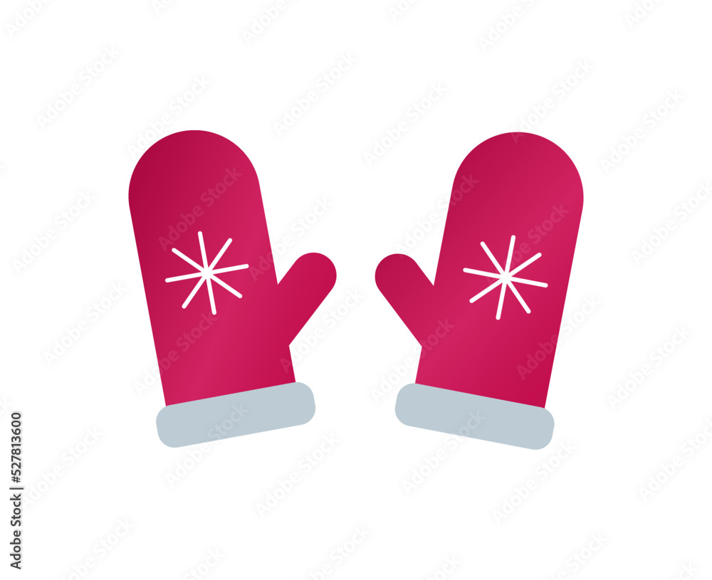 Christmas Santa Mittens flat style icon isolated on white background. Red winter pair of mittens with fur wool and snowflake embroidery. Traditional winter holiday clothing. Flat vector illustration. Christmas Santa Mittens flat style icon isolated on white background. Red winter pair of mittens with fur wool and snowflake embroidery. Traditional winter holiday clothing. Flat vector illustration.