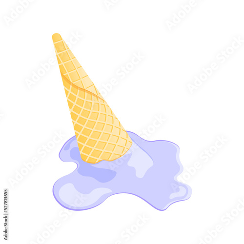 Flat vector illustration of violet ice cream melting and spilling from the waffle cone isolated on white background. Dessert fell to the ground. Minimalistic summer food concept