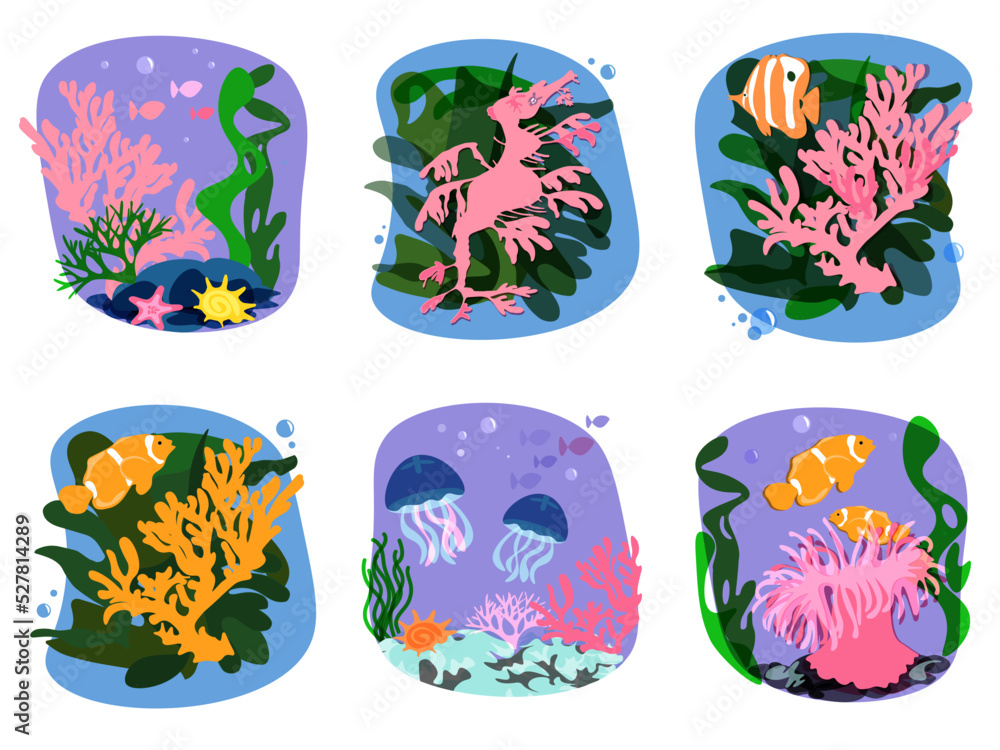 CORAL REEF collection of prints with coral fish, marine animals, algae, seahorse, starfish with a sea mood, travel and leisure. Vector illustration bundle