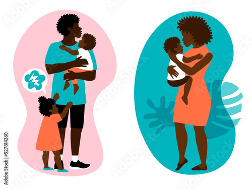 Beautiful black mother and father with siblings. Happy african american  family leisure. The relationship between children and parents. 