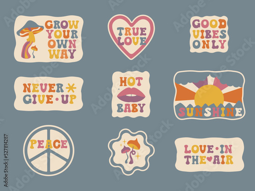 Aesthetics of the seventies, fun groovy sticker pack. Motivational popular phrases: Grow your own way, Good vibes only, Never give up, Love in the air, True love, Hot baby