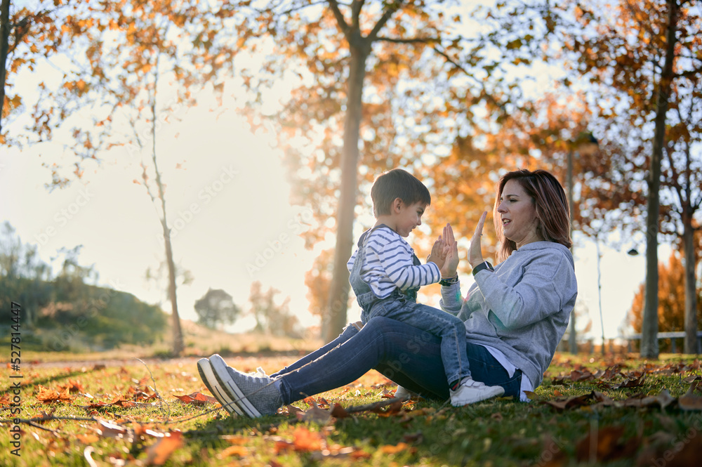 Mother and son playing clapping game in park Mother and son playing clapping game in park