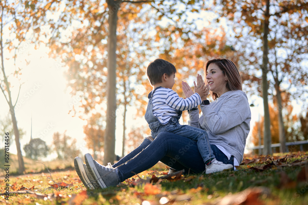 Mother and son playing clapping game in park Mother and son playing clapping game in park