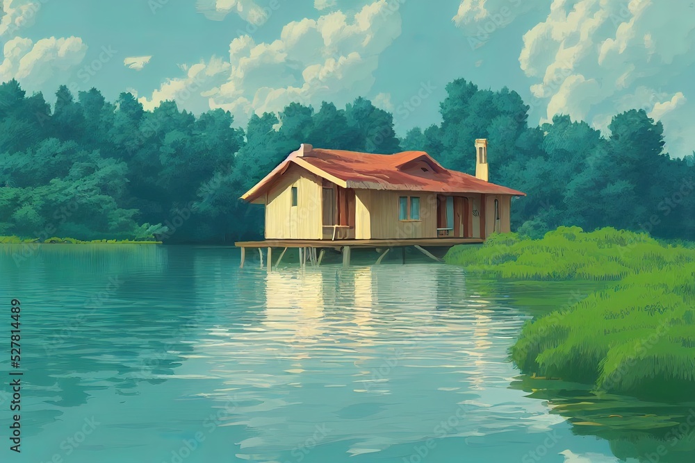Naklejka premium House near a lake. Calm, peaceful wooden house in nature. Beautiful digital painting, atmospheric, happy, relaxing feeling. Small cabin, lodge in the woods.