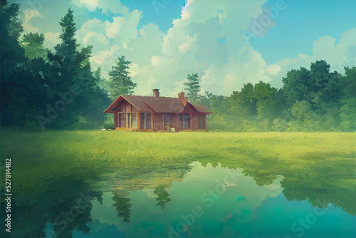 House near a lake. Calm, peaceful wooden house in nature. Beautiful digital painting, atmospheric, happy, relaxing feeling. Small cabin, lodge in the woods.
