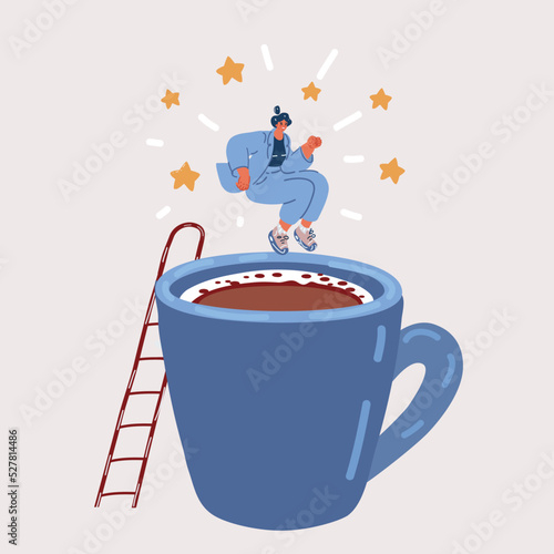 Vector illustration of woman jump and dive in cup of coffee