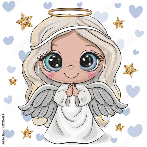Cartoon Christmas angel on a hearts background