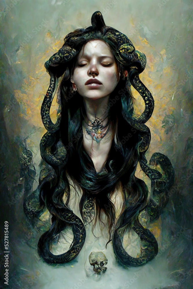 Gothic horror scene with a gothic fictional woman and snakes. Artistic