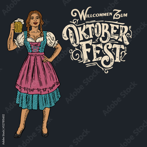 Translation from Germany; Welcome to Oktoberfest. Vector poster with a girl in a traditional festive dress with a beer mug in her hand.