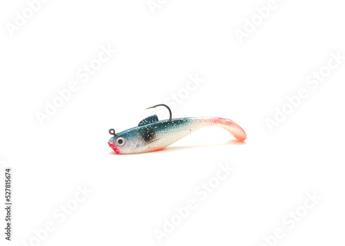 Foto One shad jig head hard bait lure with sharp hook isolated on white background