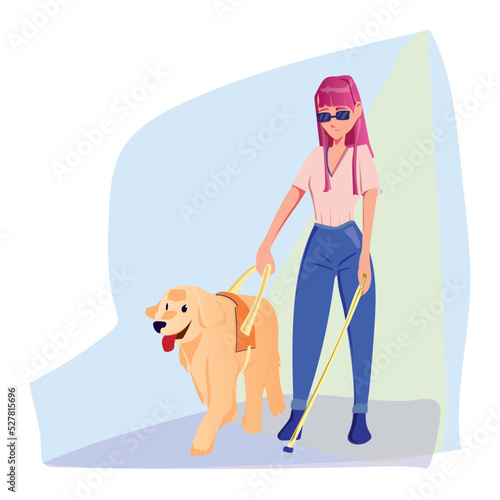 Blind girl walking with a guide dog. Vector isolated on are white background.