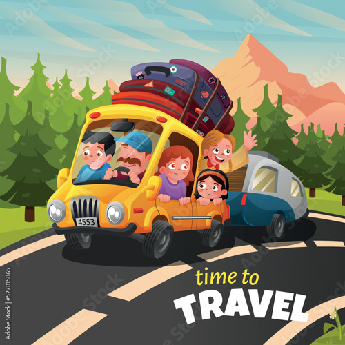 Family and friends travel by car to nature in summer. vector illustration