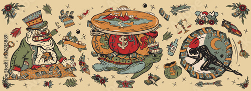 Old school tattoo collection. Capitalism. Wealth and poverty. Old school tattoo vector collection. Angry boss capitalist, flat Earth, turtle and bags of money. Hamster wheel, mortgages, loans, taxes