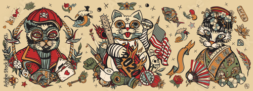Old school tattoo collection. Cats. Unlucky lucky cat, symbol 2020 world crisis concept. Portrait of kitty geisha princess. Traditional tattooing style. Funny pets art, animals hand drawn