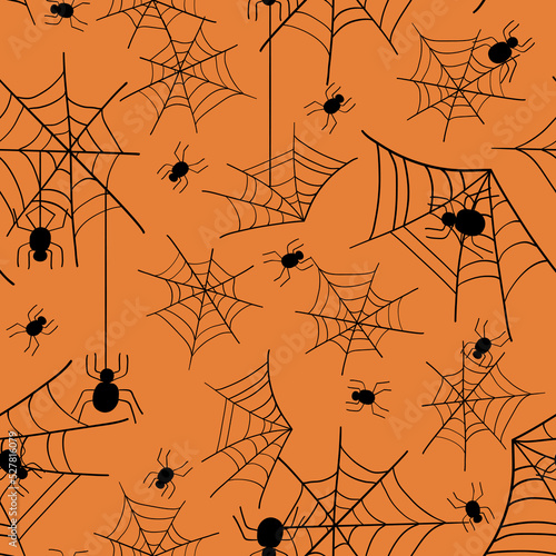 Halloween spider web black and orange seamless pattern