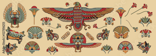 Old school tattoo collection. Ancient Egypt. Egyptian culture elements. Sacred scarab, Horus falcon, pyramids, magic eye, ethnic ornaments. Traditional tattooing style